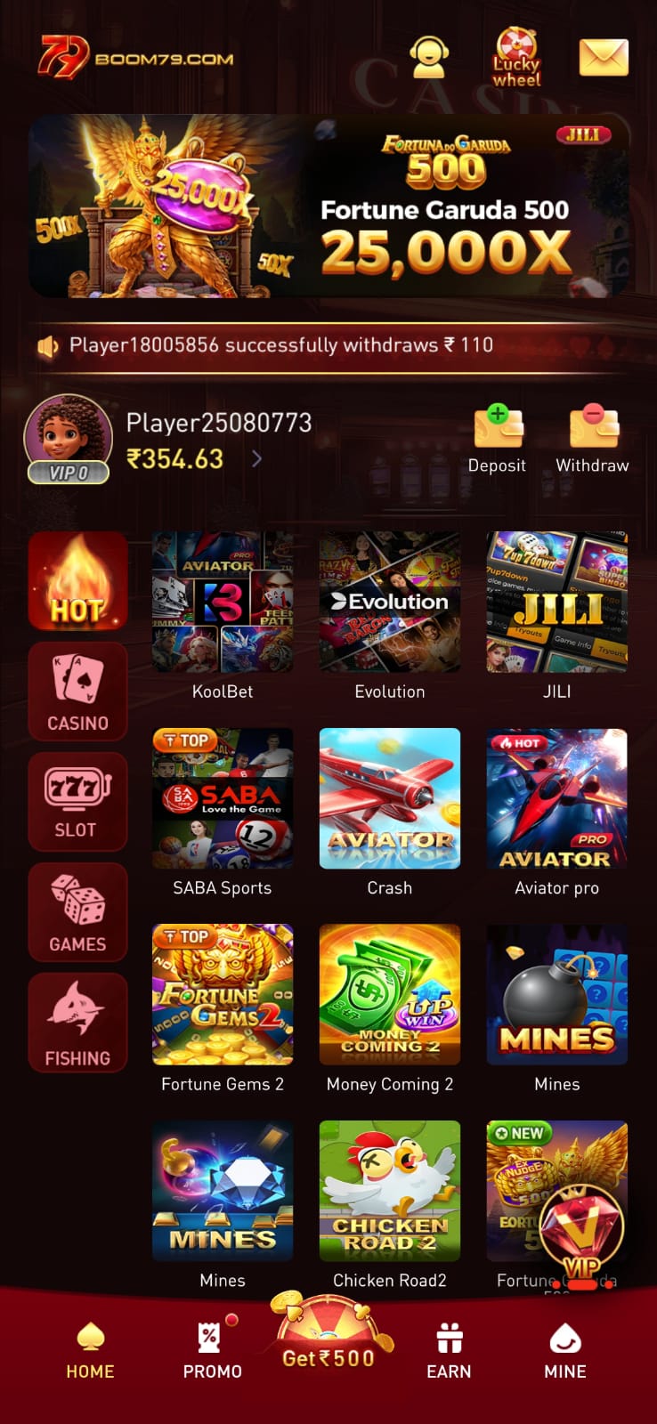 Boom79 online gaming platform showing different game categories