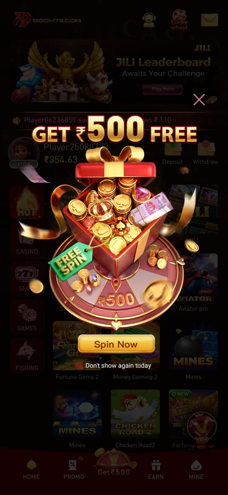 Boom79 game app interface showing online games and bonus rewards